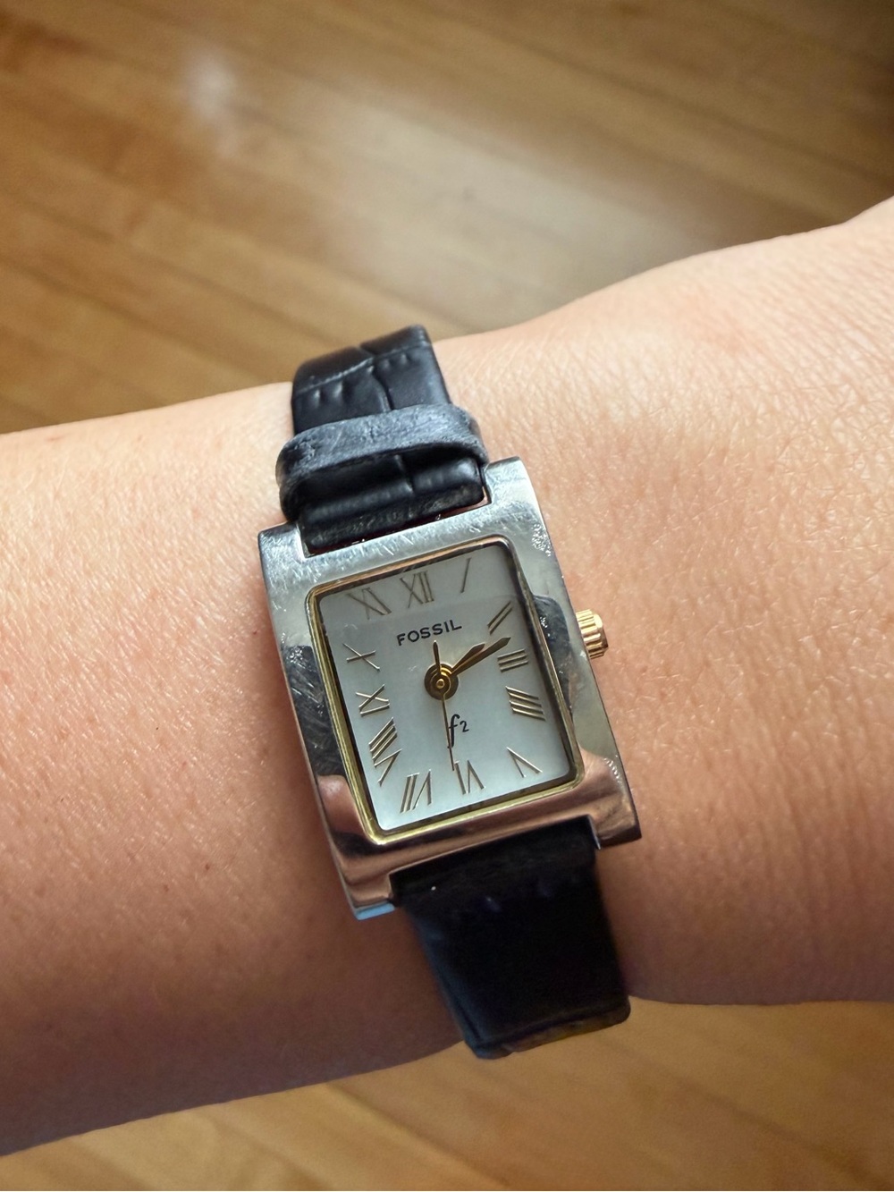 Fossil Silver-Tone Rectangular Watch with Black Strap
